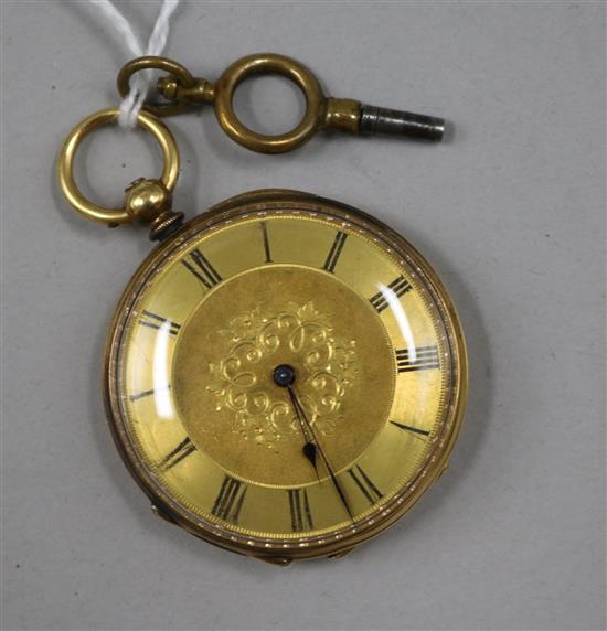 A ladys 18ct gold fob watch with gilt Roman dial.